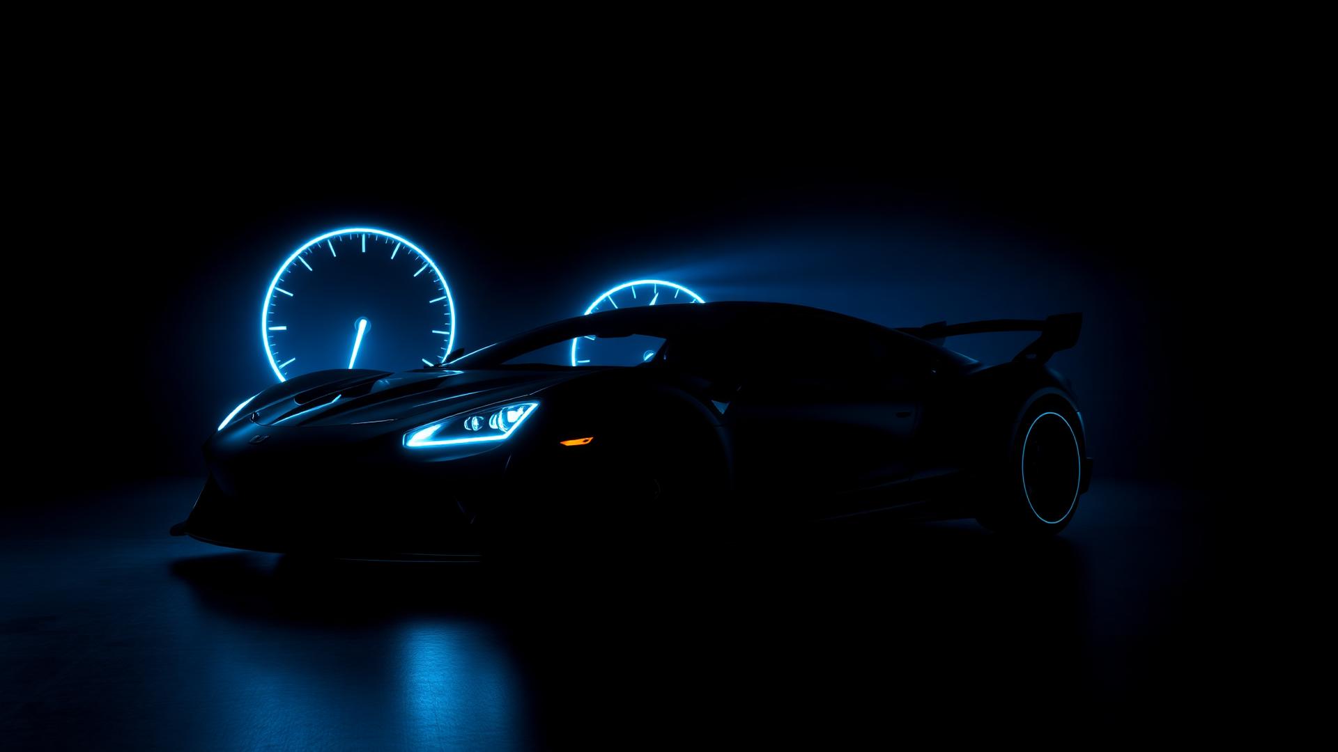 A dark sports car with blue illuminated gauges